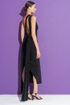 Sırt Dekolteli Siyah Farklı Bağlamalı Büzgülü Midi Abiye Elbise