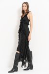 Siyah Askılı Fırfırlı Midi Abiye Elbise