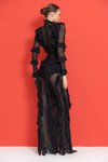 Siyah Fırfırlı Transparan Uzun Abiye Elbise