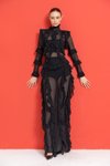 Siyah Fırfırlı Transparan Uzun Abiye Elbise