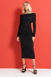 Siyah Kayık Yaka Büzgülü Midi Elbise