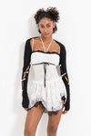 Siyah Offwhite Kirli Beyaz Askılı Dantel &amp; Kurdela Detaylı Bolero Takım Mini Abiye Elbise