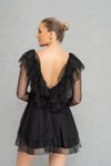 Siyah V Yaka Volanlı Mini Tül Abiye Elbise
