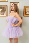 Yeni Lilac Straplez Mini Tül Abiye Elbise