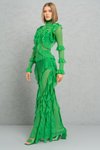 Yeşil Fırfırlı Transparan Uzun Abiye Elbise
