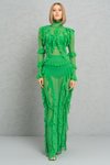 Yeşil Fırfırlı Transparan Uzun Abiye Elbise