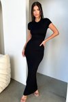 Siyah Renk Fitilli Kaskorse Kumaş Kısa Kollu 135cm Uzun Elbise