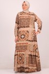 Etnik Desen Kahve Büyük Beden Eteği Fırfırlı Belmando Elbise