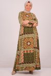 Etnik Desen Yağ Yeşili Büyük Beden Belmando Kolu Lastikli Elbise