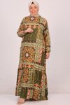 Etnik Desen Yağ Yeşili Büyük Beden Eteği Fırfırlı Belmando Elbise