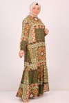 Etnik Desen Yağ Yeşili Büyük Beden Eteği Fırfırlı Belmando Elbise