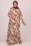 Kahve Bej Desenli Büyük Beden Eteği Fırfırlı Belmando Elbise