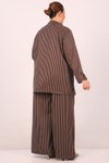 Kahverengi Büyük Beden Çizgili Blazer Ceket Pantolonlu Takım