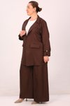 Kahverengi Büyük Beden Düz Blazer Ceket Pantolonlu Takım