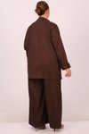 Kahverengi Büyük Beden Düz Blazer Ceket Pantolonlu Takım
