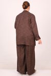 Kahverengi Büyük Beden Kırçıllı Blazer Ceket Pantolonlu Takım