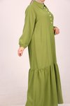 Yağ Yeşili Büyük Beden Şık Düğmeli Keten Airobin Elbise