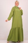 Yağ Yeşili Büyük Beden Şık Düğmeli Keten Airobin Elbise