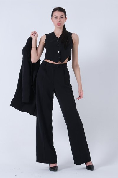 Siyah Ceket-yelek Pantolonlu 3'lü Elbise Takım