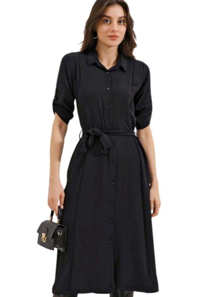Siyah Boydan Düğmeli Beli Kuşakl�ı Midi Elbise