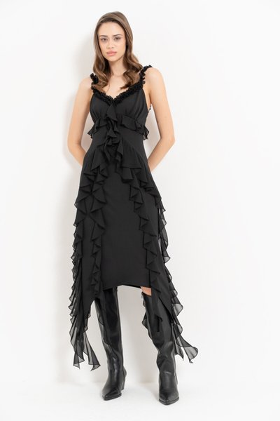 Siyah Ask�ılı Fırfırlı Midi Abiye Elbise