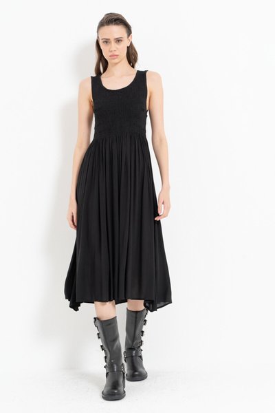 Siyah Kalın Askılı Gipeli Midi Elbise