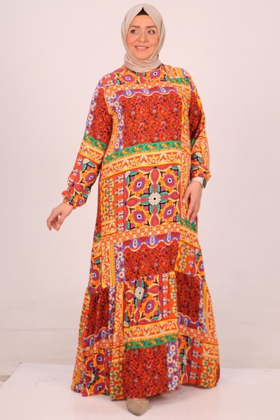 Etnik Desen Oranj Büyük Beden Ete�ği Fırfırlı Belmando Elbise