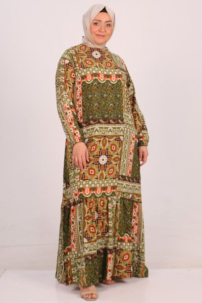 Etnik Desen Yağ Yeşili Büyük Beden Eteği Fırfırl�ı Belmando Elbise
