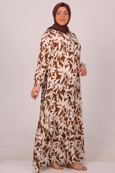 Kahve Bej Desenli Büy�ük Beden Eteği Fırfırlı Belmando Elbise