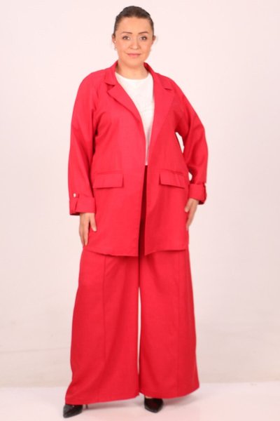 Kırmızı Büyük Beden Düz Blazer Ceket Pantolonlu Takım
