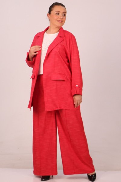 Kırmızı Büyük Beden Kırçıll�ı Blazer Ceket Pantolonlu Takım