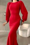 Kırmızı Balon Kol Balık Model İthal Krep Kumaş Uzun Abiye Elbise