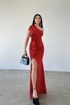 Kırmızı Scuba Kumaş Volan Ve Yırtmaç Detay Tek Omuz Uzun Abiye Elbise