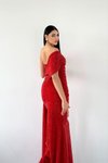 Kırmızı Simli Özel Tasarım Kuyruk Detaylı Uzun Abiye Elbise