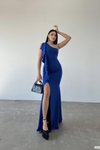Saks Mavisi Scuba Kumaş Volan Ve Yırtmaç Detay Tek Omuzlu Uzun Abiye Elbise