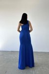 Saks Mavisi Scuba Kumaş Volan Ve Yırtmaç Detay Tek Omuzlu Uzun Abiye Elbise