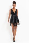 Sırt Dekolteli Siyah V Yaka Fırfırlı Mini Abiye Elbise
