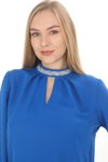 Saks Mavi Jessica Kumaş Gömlek Yakası Taş Detaylı Bluz