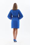 Saks Mavi Taş Kemerli İspanyol Kol Saten Mini Elbise