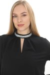 Siyah Jessica Kumaş Gömlek Yakası Taş Detaylı Bluz