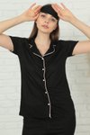 Siyah Pembe Çizgi Ve Düğme Detaylı Kısa Kol Alt Uzun Pijama Takım