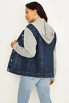 Blue Kapüşonlu Kolları Penye Oversize Denim Ceket