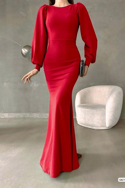 Kırmızı Balon Kol Balık Model İthal Krep Kumaş Uzun Abiye Elbise