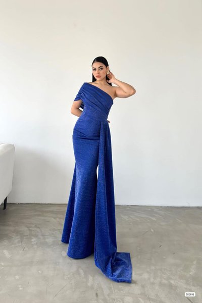 Saks Mavisi Simli Özel Tasarım Kuyruk Detaylı Uzun Abiye Elbise