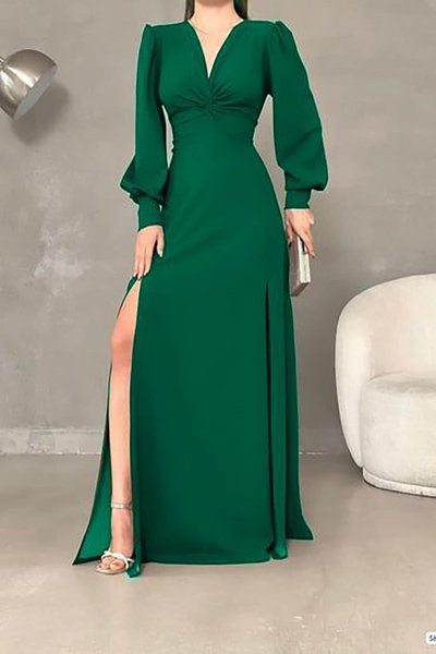 Zümrüt Yeşili Krep Kumaş Önü Düğüm Detay Uzun Kollu Çift Yırtmaçlı Abiye Elbise