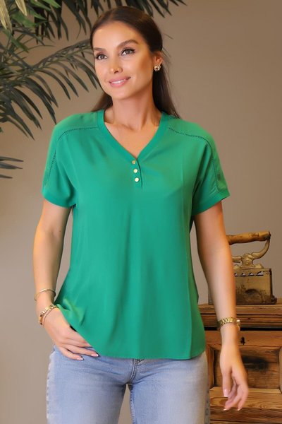 Zümrüt Yeşil Omuzları Desenli Bluz