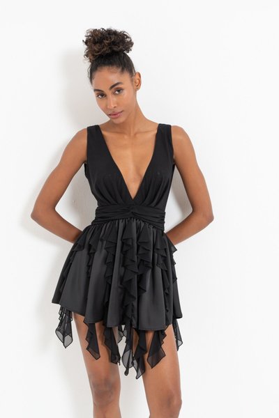 Sırt Dekolteli Siyah V Yaka Fırf�ırlı Mini Abiye Elbise