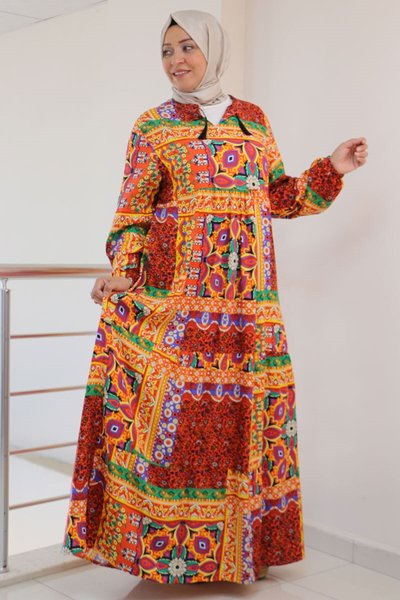 Etnik Desen Oranj Büyük Beden Desenli Viskon Püsküllü Elbise