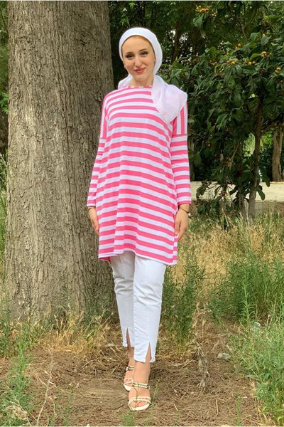 Şeker Pembe Kalın Çizgili Oversize Tunik