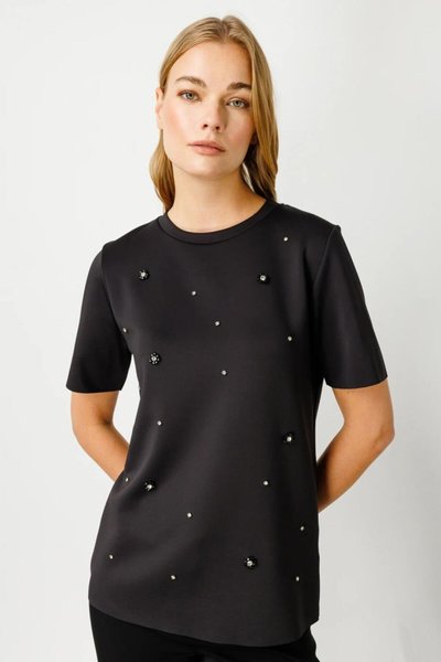 Siyah Önü Taş Baskılı Dalgıç Kumaş T-shirt